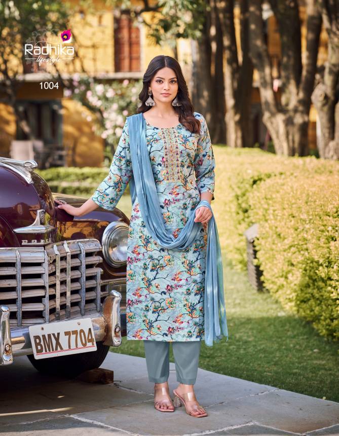 Casual Vol 1 By Radhika Rayon Foil Printed Embroidery Kurti With Bottom Dupatta Wholesale Shop In Surat